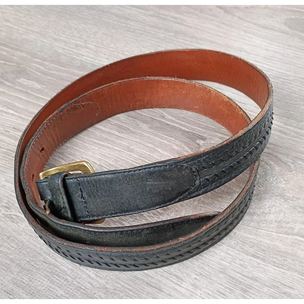 Genuine American Bison Leather Belt USA Tooled‎ Western Buck Lace Worn  Black